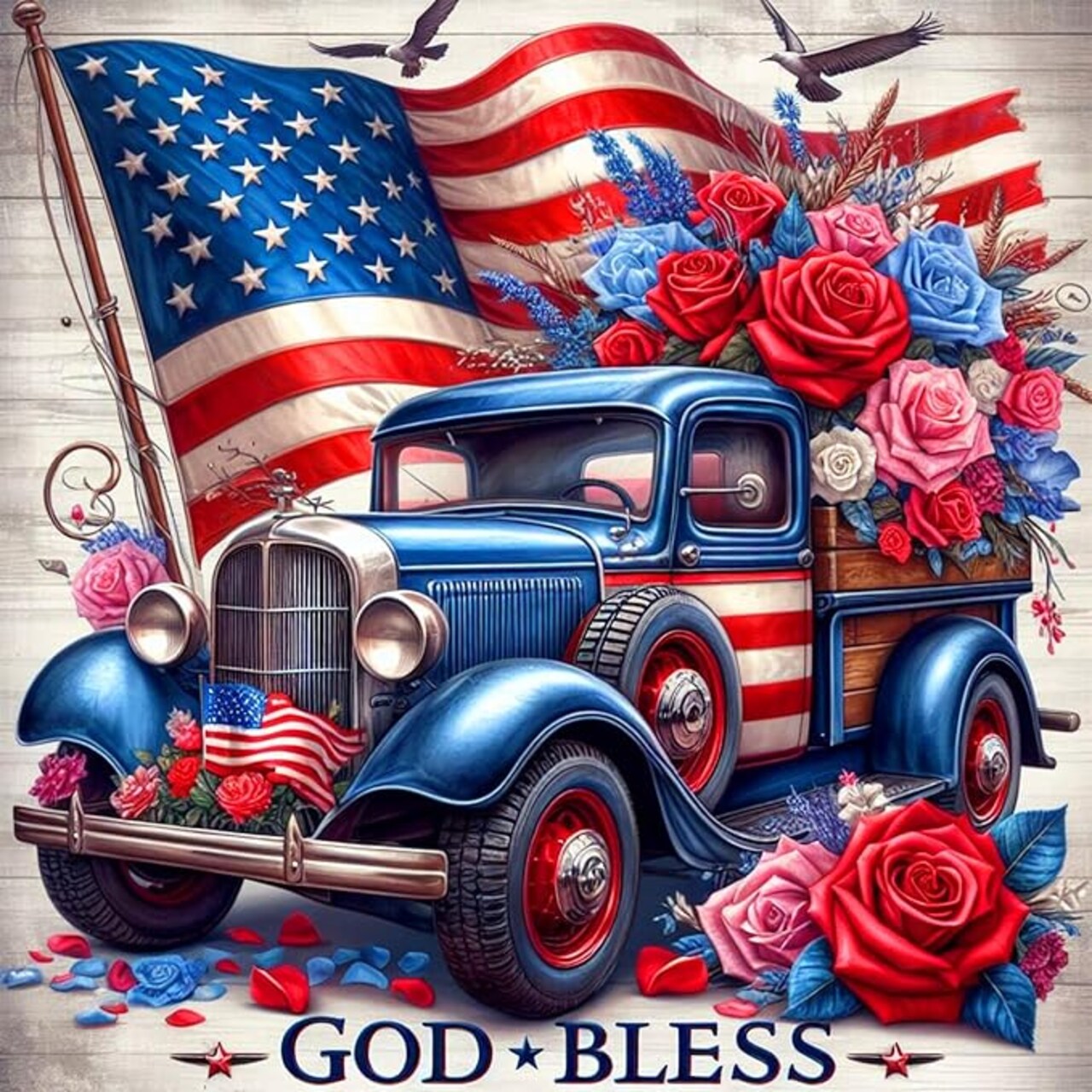 Patriotic Diamond Art Kits for Adults-Round Full Drill 5D 4th of July Diamond Painting Kits for Adults Beginners Paint by Diamonds Pictures Truck Gem Art Painting Kits DIY Crafts Kits 12x12inch